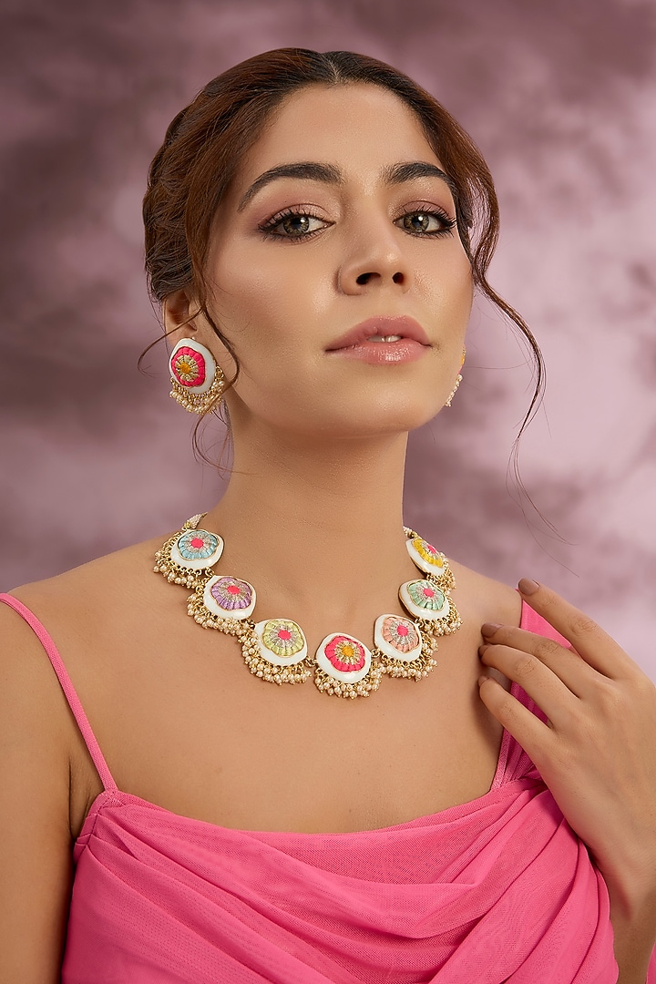 Multi-Colored Silk Thread Embroidered Necklace Set by Bauble Bazaar at Pernia's Pop Up Shop