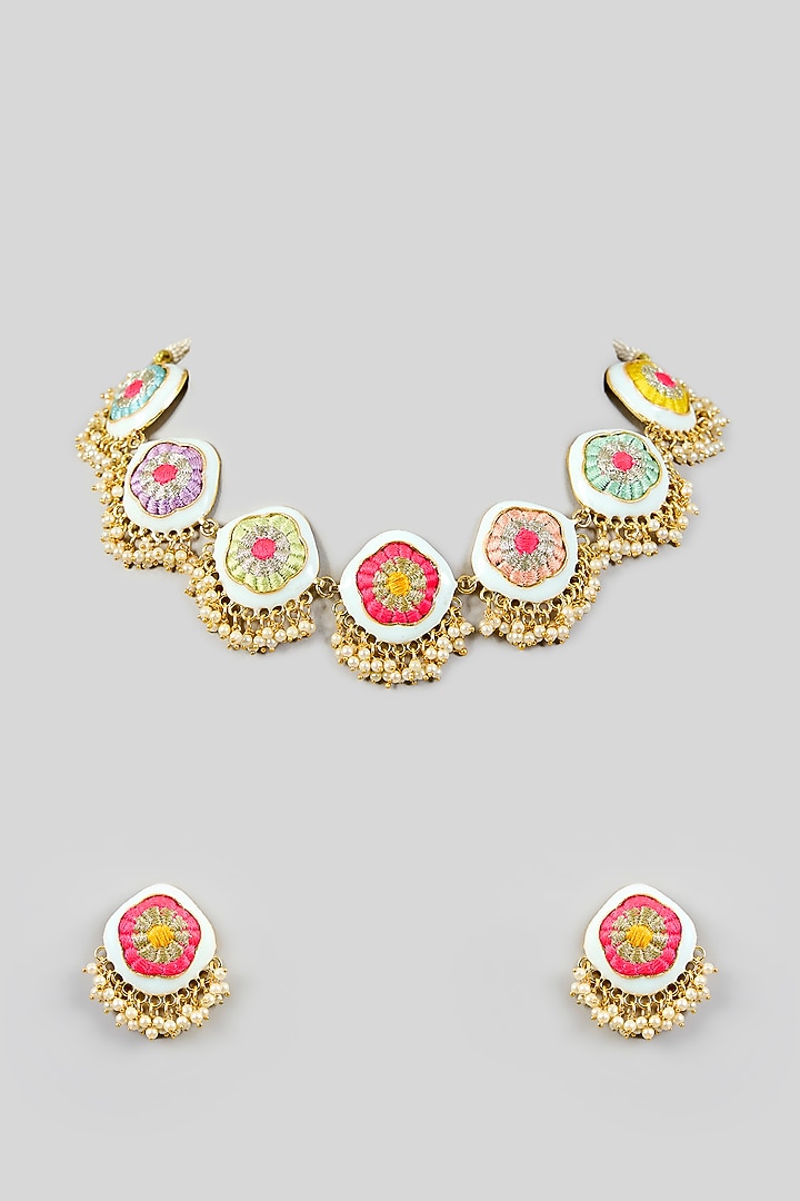 Multi-Colored Silk Thread Embroidered Necklace Set by Bauble Bazaar at Pernia's Pop Up Shop