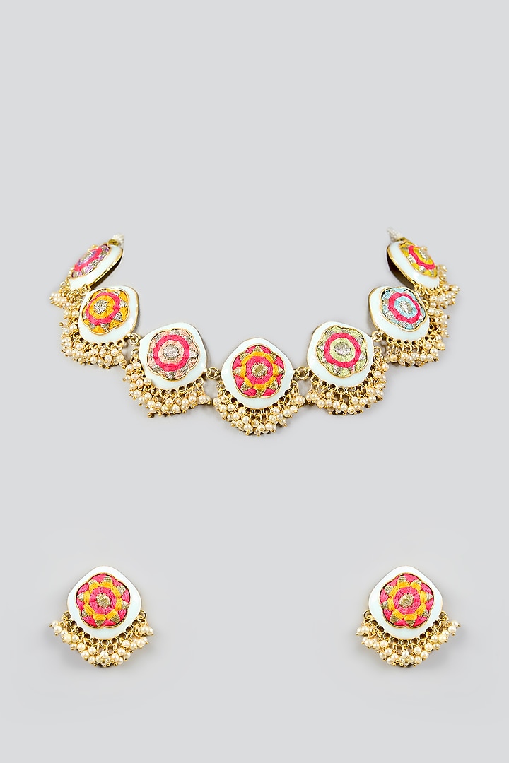 Multi-Colored Silk Thread Embroidered Necklace Set by Bauble Bazaar at Pernia's Pop Up Shop