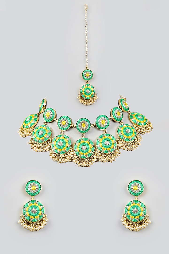 Multi-Colored Silk Thread Embroidered Necklace Set by Bauble Bazaar at Pernia's Pop Up Shop