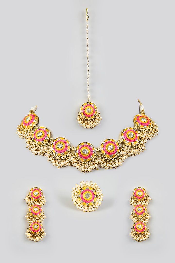 Multi-Colored Silk Thread Embroidered Necklace Set by Bauble Bazaar at Pernia's Pop Up Shop