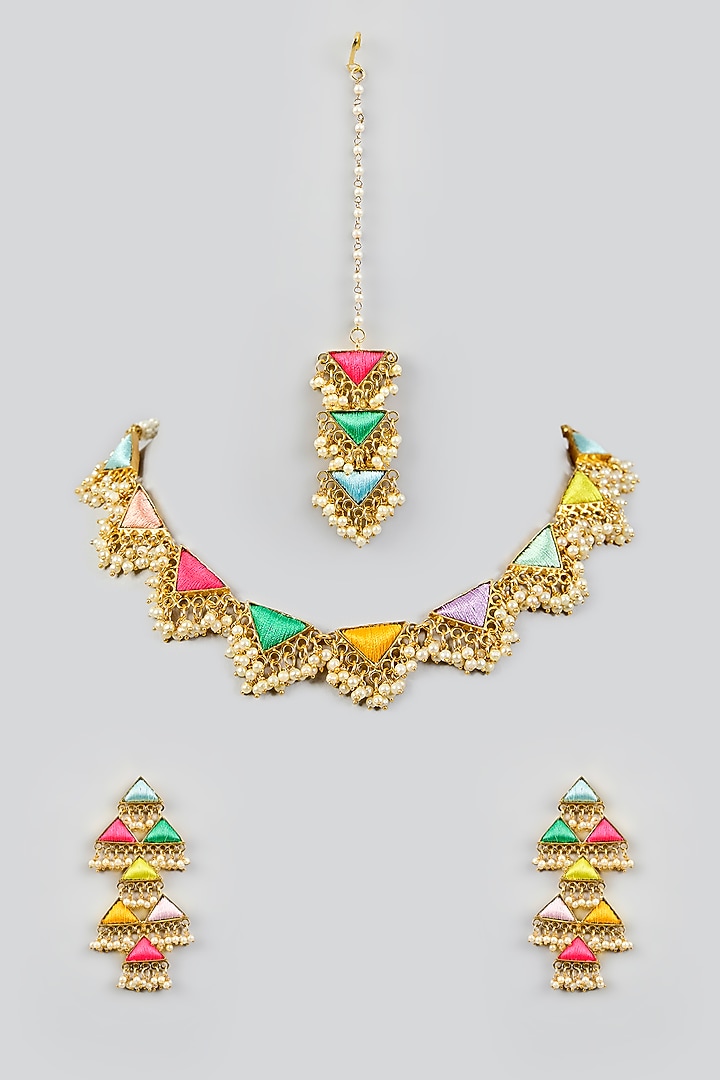 Multi-Colored Silk Thread Embroidered Necklace Set by Bauble Bazaar at Pernia's Pop Up Shop