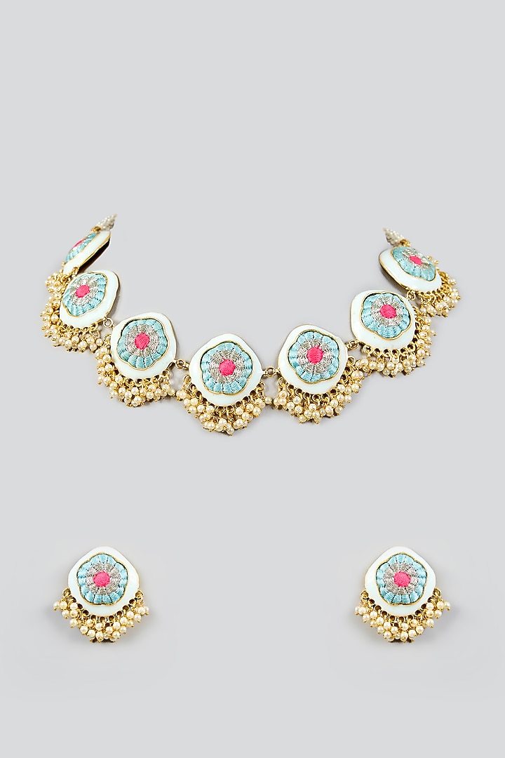 Multi-Colored Silk Thread Embroidered Necklace Set by Bauble Bazaar at Pernia's Pop Up Shop