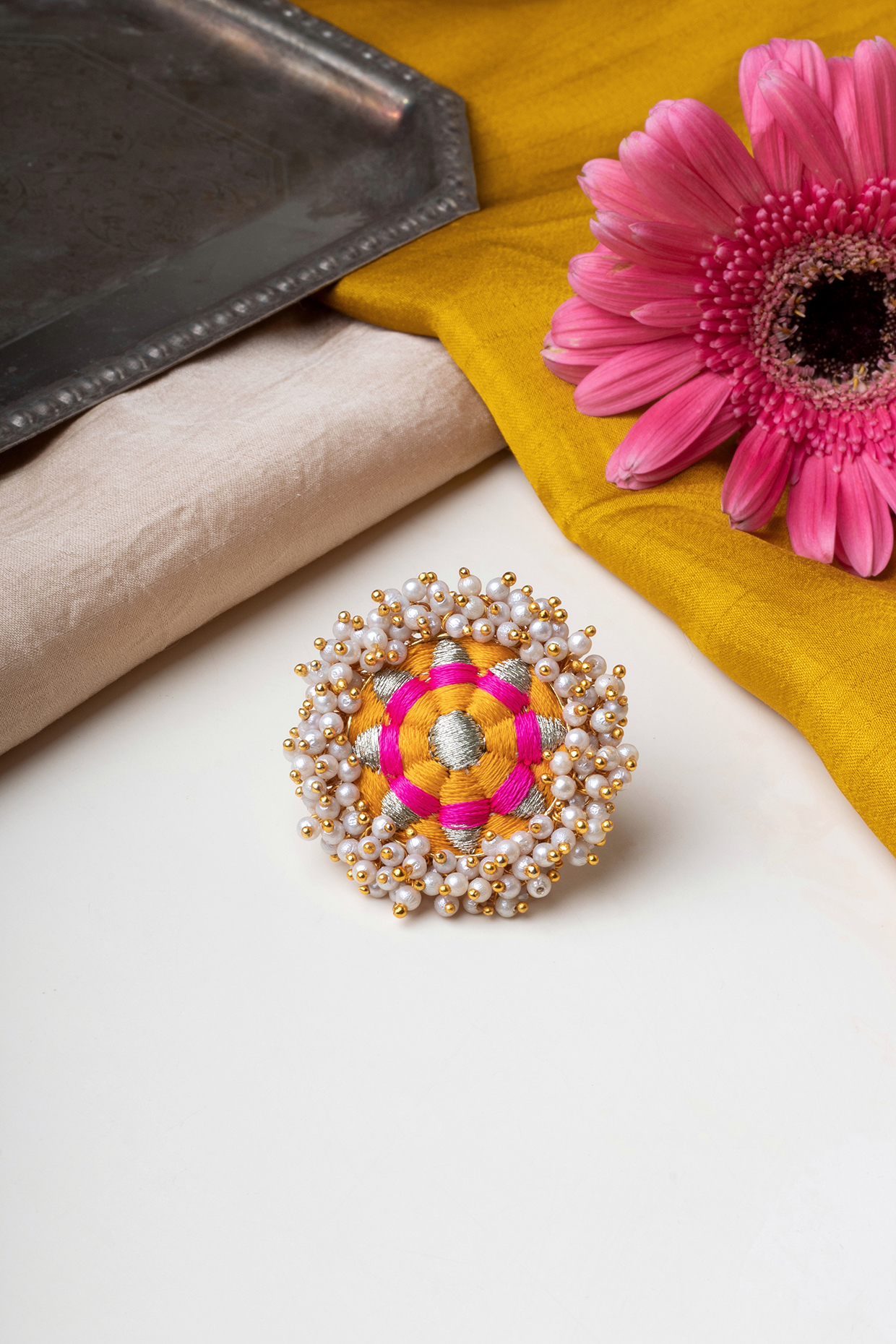 Matte Gold Finish Yellow & Pink Embroidered Ring by Bauble Bazaar at Pernia's Pop Up Shop