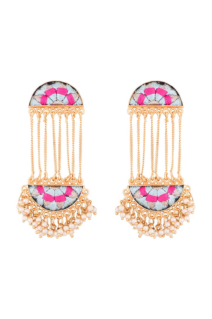 Matte Gold Finish Embroidered Long Chain Earrings by Bauble Bazaar at Pernia's Pop Up Shop