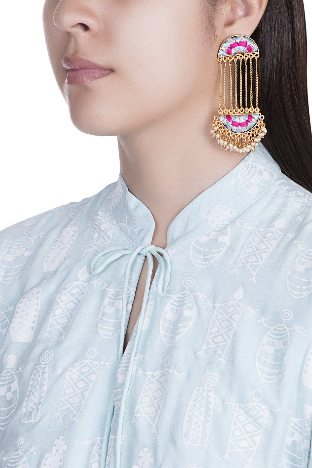 Matte Gold Finish Embroidered Long Chain Earrings by Bauble Bazaar at Pernia's Pop Up Shop