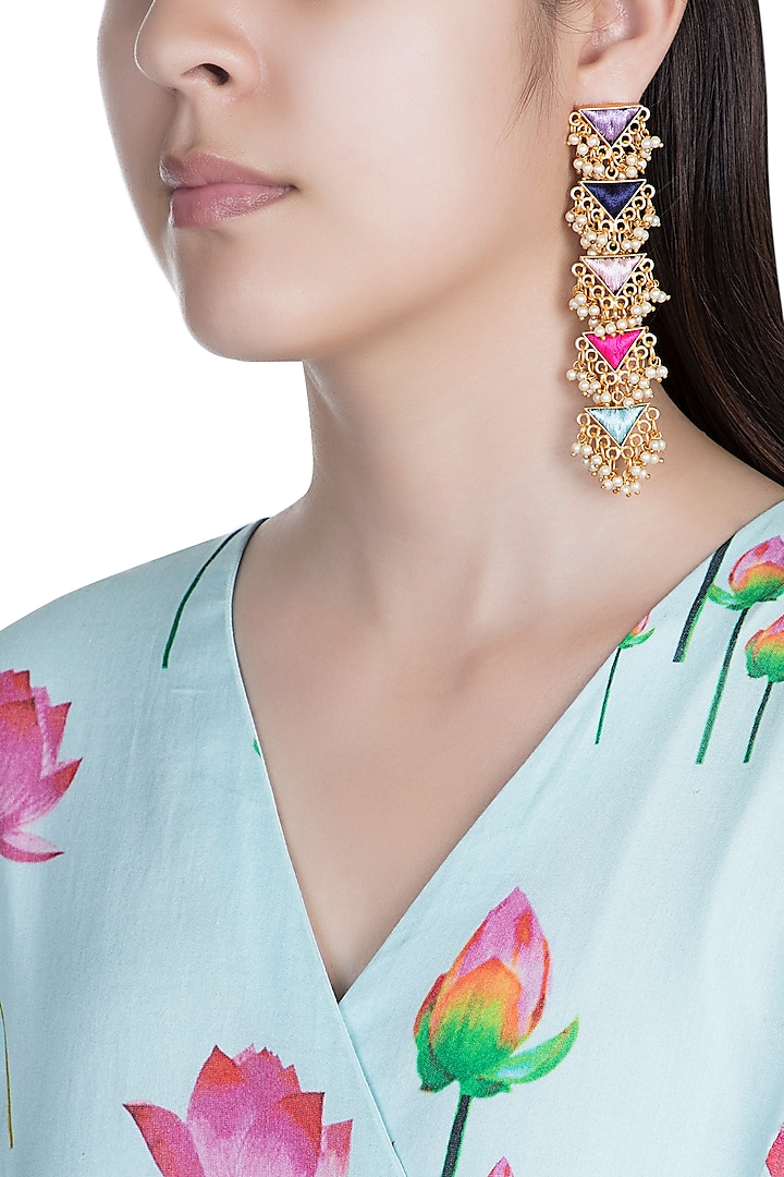 Matte Gold Finish Embroidered Layered Triangle Earrings by Bauble Bazaar at Pernia's Pop Up Shop