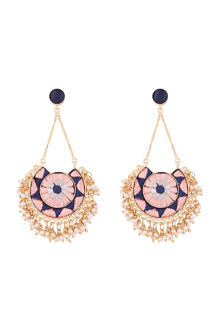 Matte Gold Finish Embroidered Circular Moon Long Chain Earrings by Bauble Bazaar at Pernia's Pop Up Shop