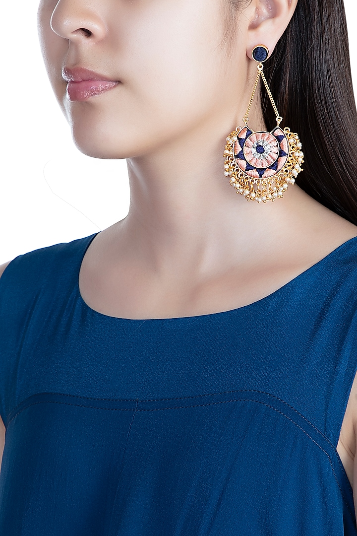 Matte Gold Finish Embroidered Circular Moon Long Chain Earrings by Bauble Bazaar