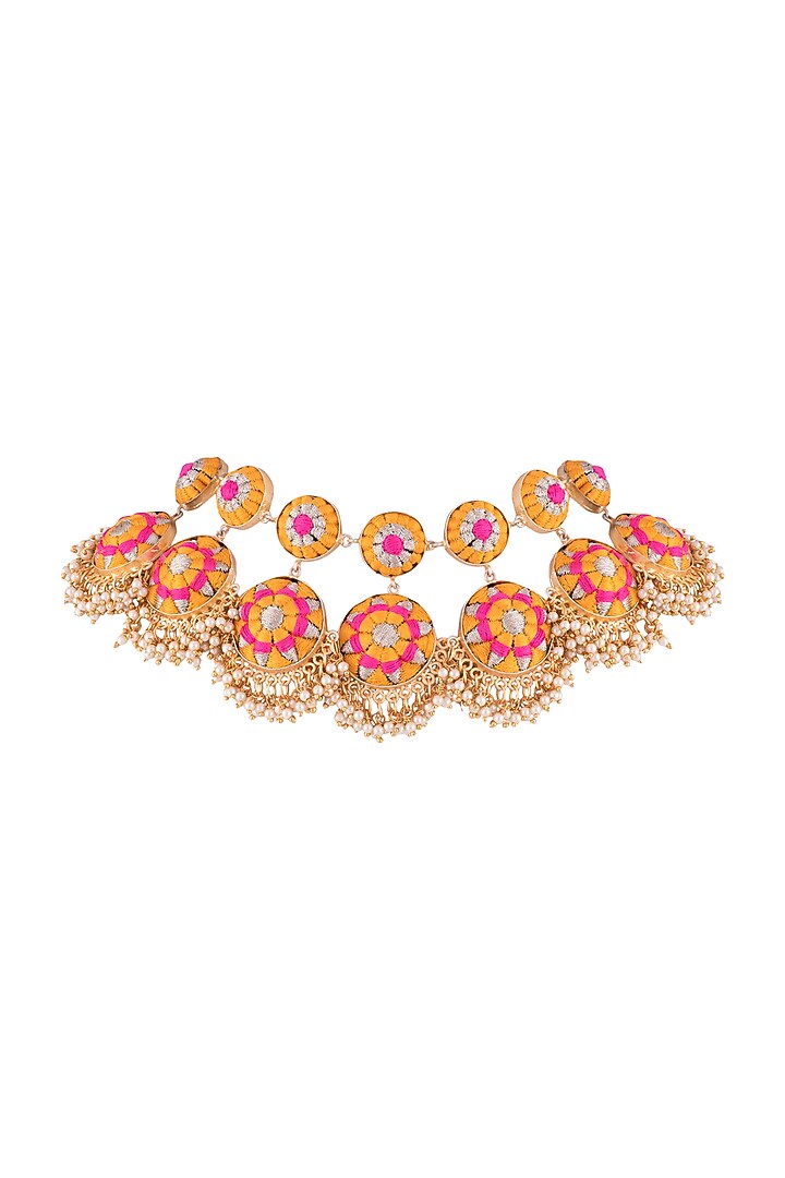 Matte Gold Finish Embroidered Pearl Hanging Layered Necklace by Bauble Bazaar at Pernia's Pop Up Shop