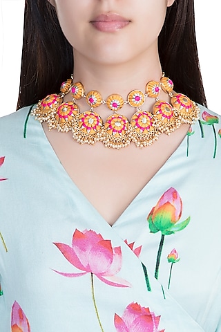 Matte Gold Finish Embroidered Pearl Hanging Layered Necklace by Bauble Bazaar