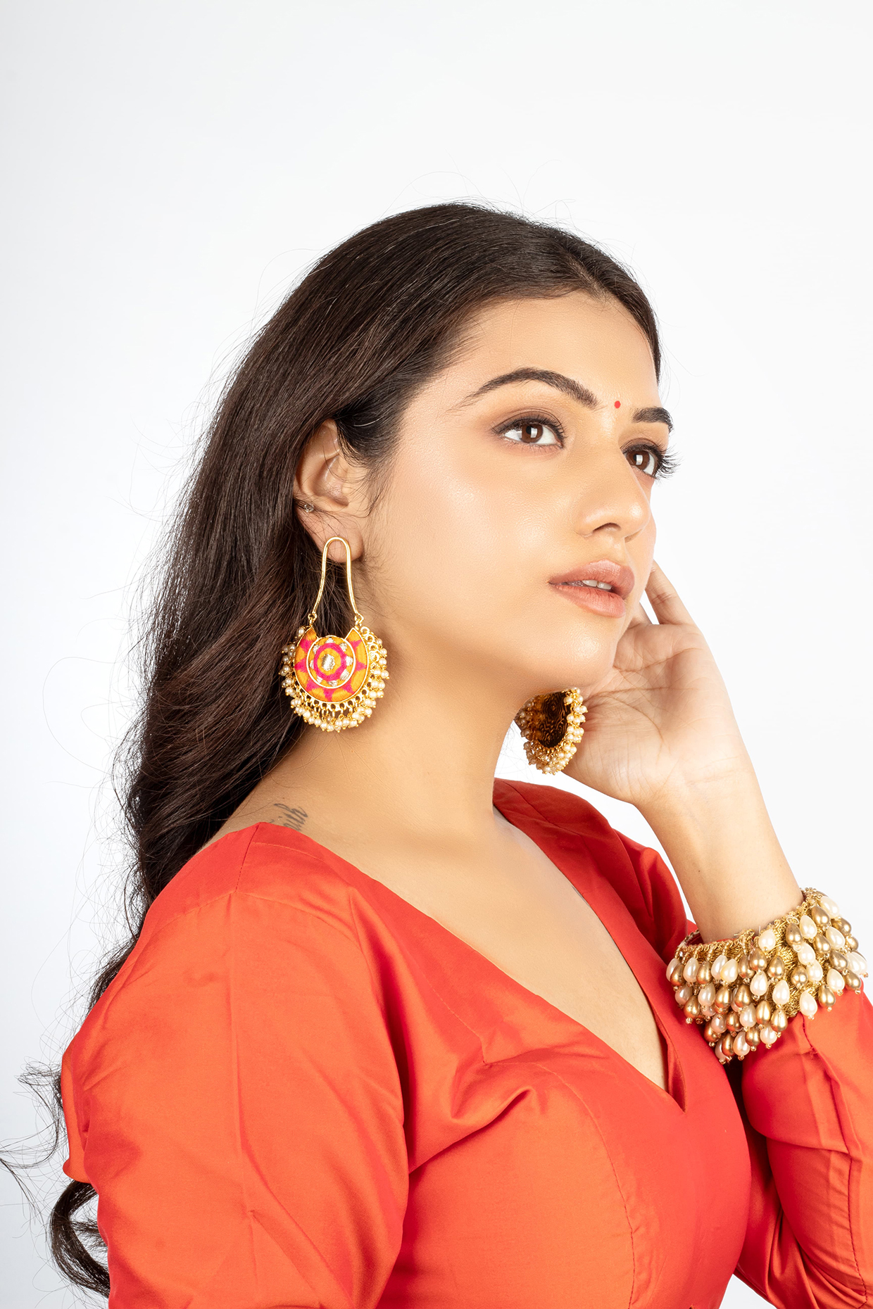 Gold Plated Silk Thread Embroidered & Pearl Chandbali Earrings by Bauble Bazaar at Pernia's Pop Up Shop