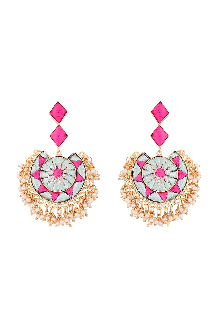 Matte Gold Finish Embroidered Circular Moon & Rhombus Earrings by Bauble Bazaar at Pernia's Pop Up Shop