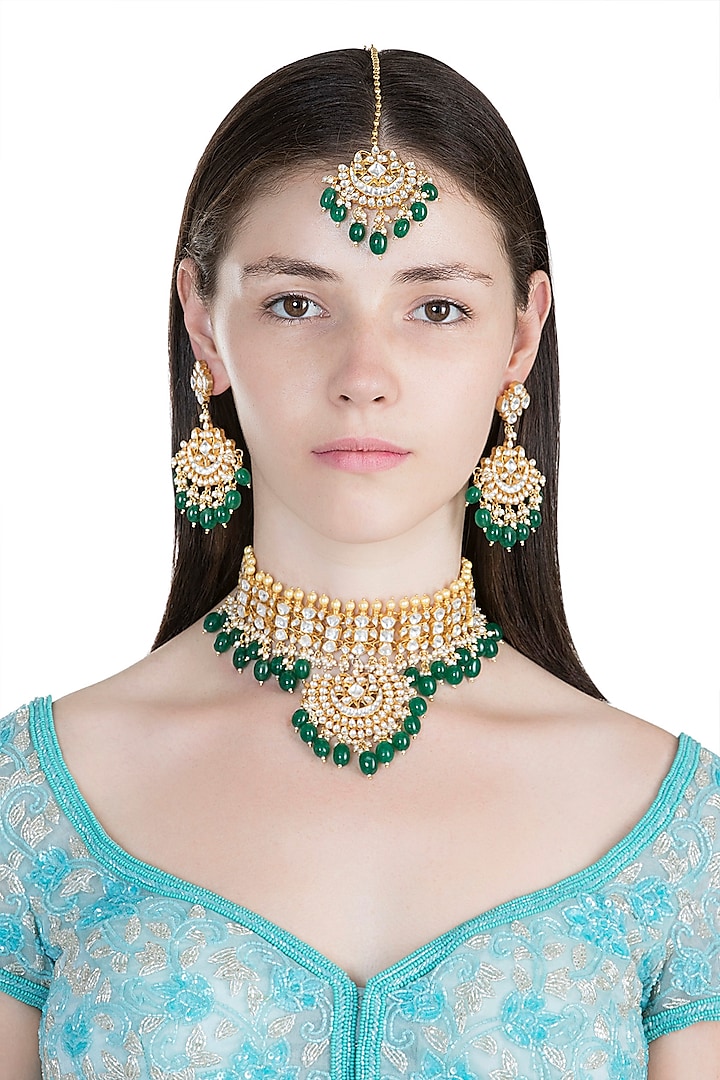 Gold Plated Pachi Kundan Necklace Set With Maang Tikka by Bauble Bazaar