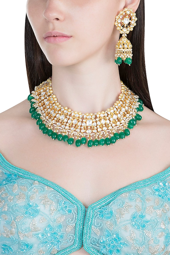 Gold Plated Pachi Kundan & Emerald Necklace Set by Bauble Bazaar