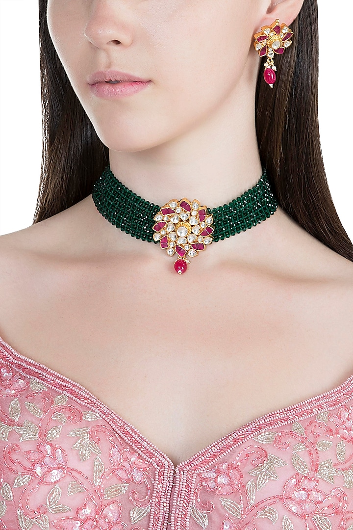 Gold Plated Pachi Kundan & Emerald Choker Necklace Set by Bauble Bazaar