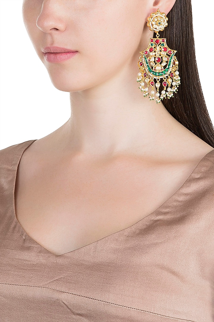 Gold Plated Pachi Kundan & Bead Earrings by Bauble Bazaar