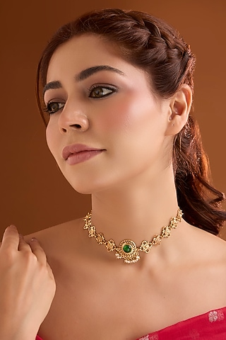Gold Finish Emerald Stone Choker Necklace by Bauble Bazaar