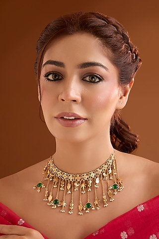 Gold Finish Emerald Stone Choker Necklace by Bauble Bazaar