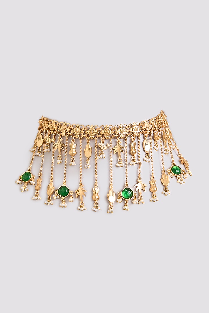 Gold Finish Emerald Stone Choker Necklace by Bauble Bazaar at Pernia's Pop Up Shop