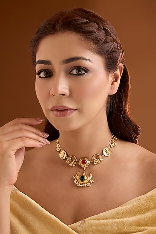 Gold Finish Emerald & Ruby Stone Pendant Necklace by Bauble Bazaar