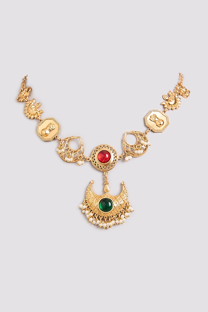 Gold Finish Emerald & Ruby Stone Pendant Necklace by Bauble Bazaar at Pernia's Pop Up Shop