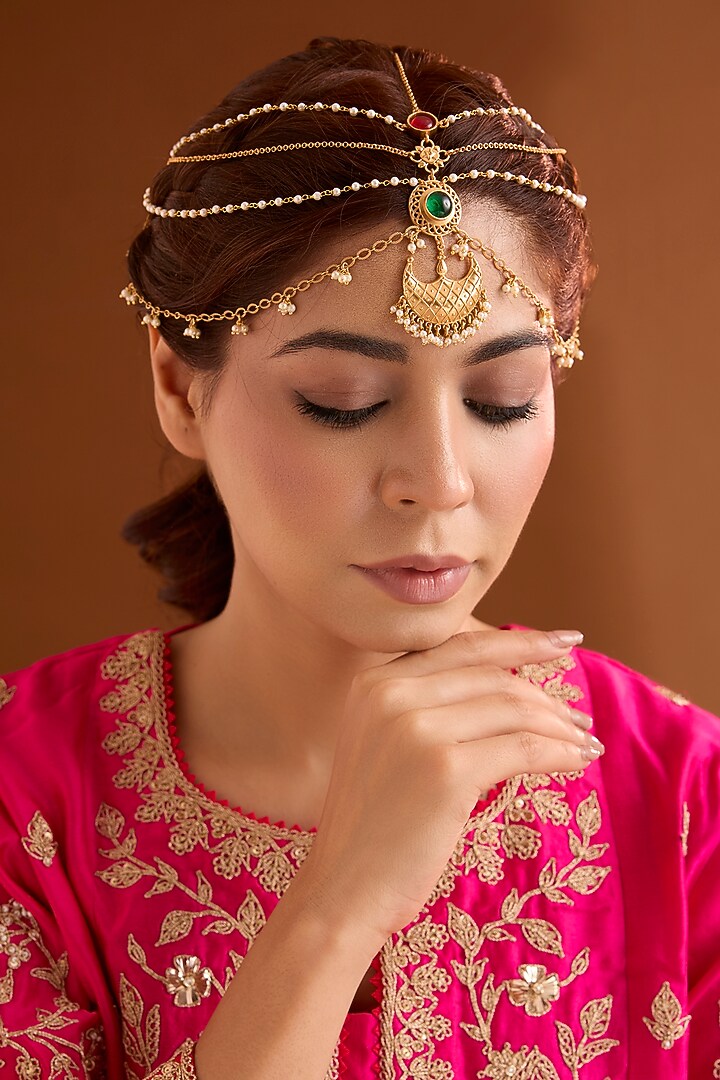 Gold Finish Emerald & Ruby Stone Mathapatti by Bauble Bazaar at Pernia's Pop Up Shop