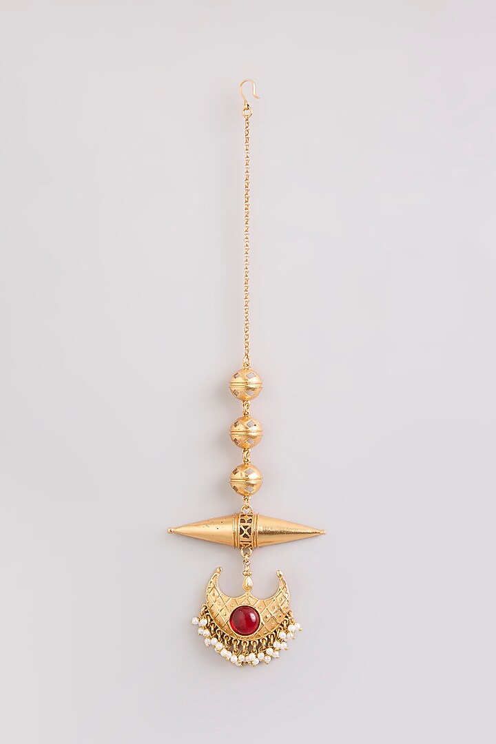 Gold Finish Ruby Stone Maangtikka by Bauble Bazaar at Pernia's Pop Up Shop