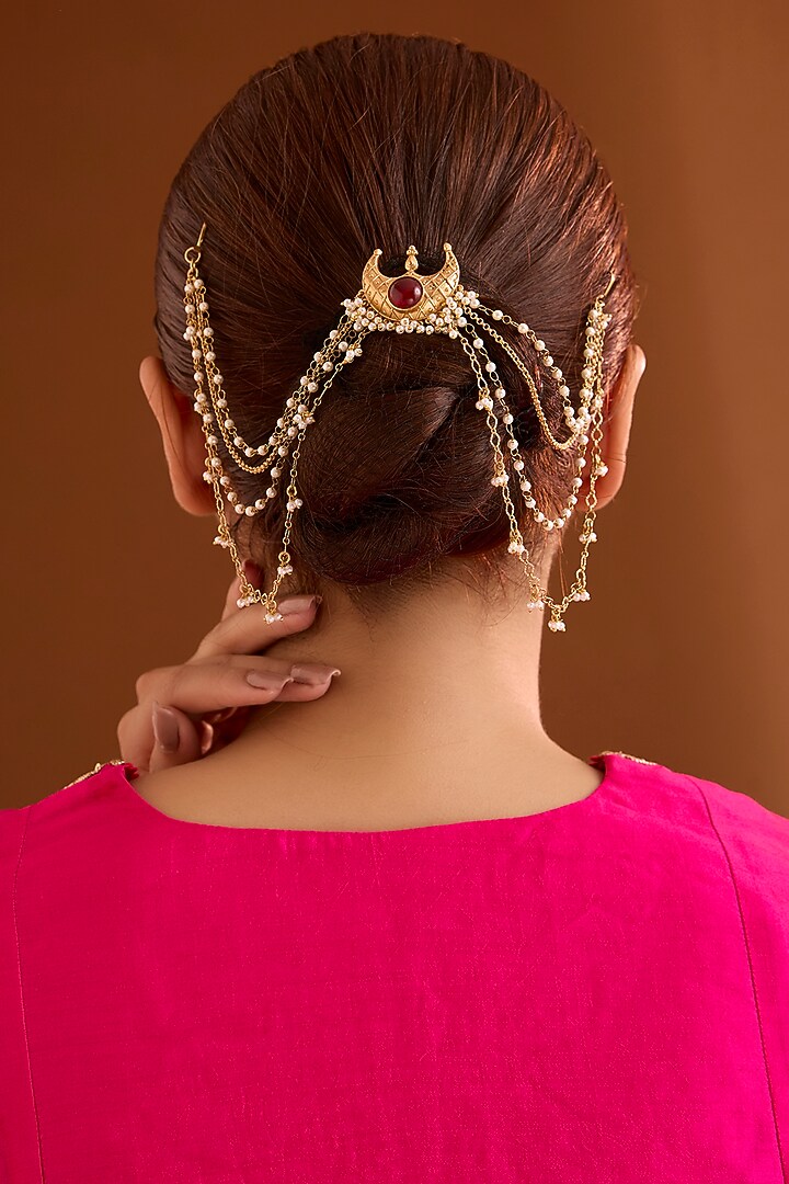 Gold Finish Ruby Stone Hair Accessory by Bauble Bazaar at Pernia's Pop Up Shop