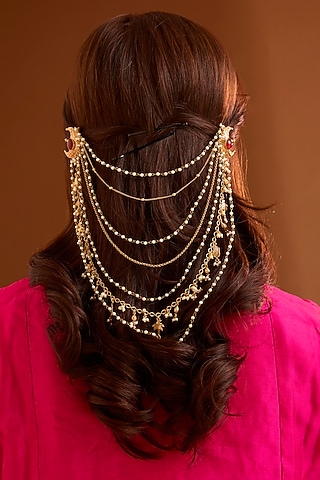 Gold Finish Ruby Stone Hair Accessory by Bauble Bazaar
