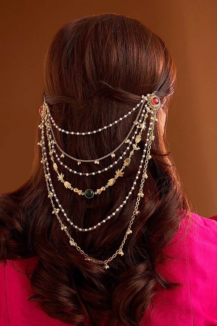 Gold Finish Ruby & Emerald Stone Hair Accessory by Bauble Bazaar at Pernia's Pop Up Shop