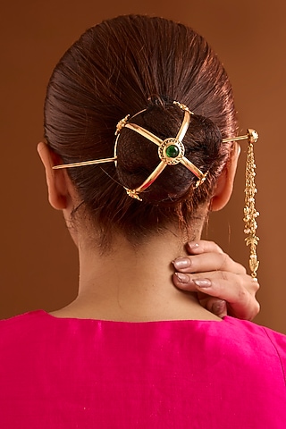 Gold Finish Emerald Stone Hair Bun by Bauble Bazaar