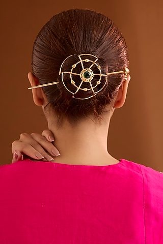 Gold Finish Emerald Stone Hair Bun by Bauble Bazaar