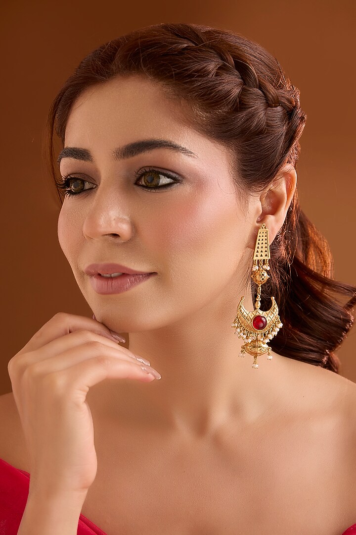 Gold Finish Ruby Stone Dangler Earrings by Bauble Bazaar at Pernia's Pop Up Shop