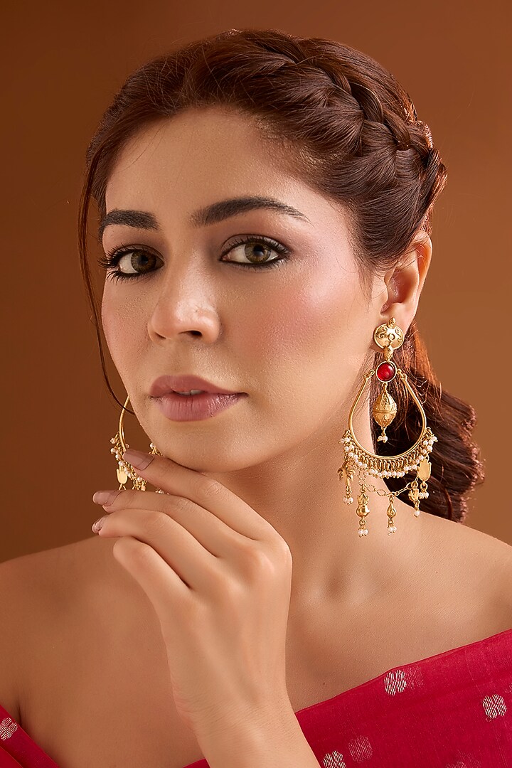 Gold Finish Ruby Stone Dangler Earrings by Bauble Bazaar at Pernia's Pop Up Shop