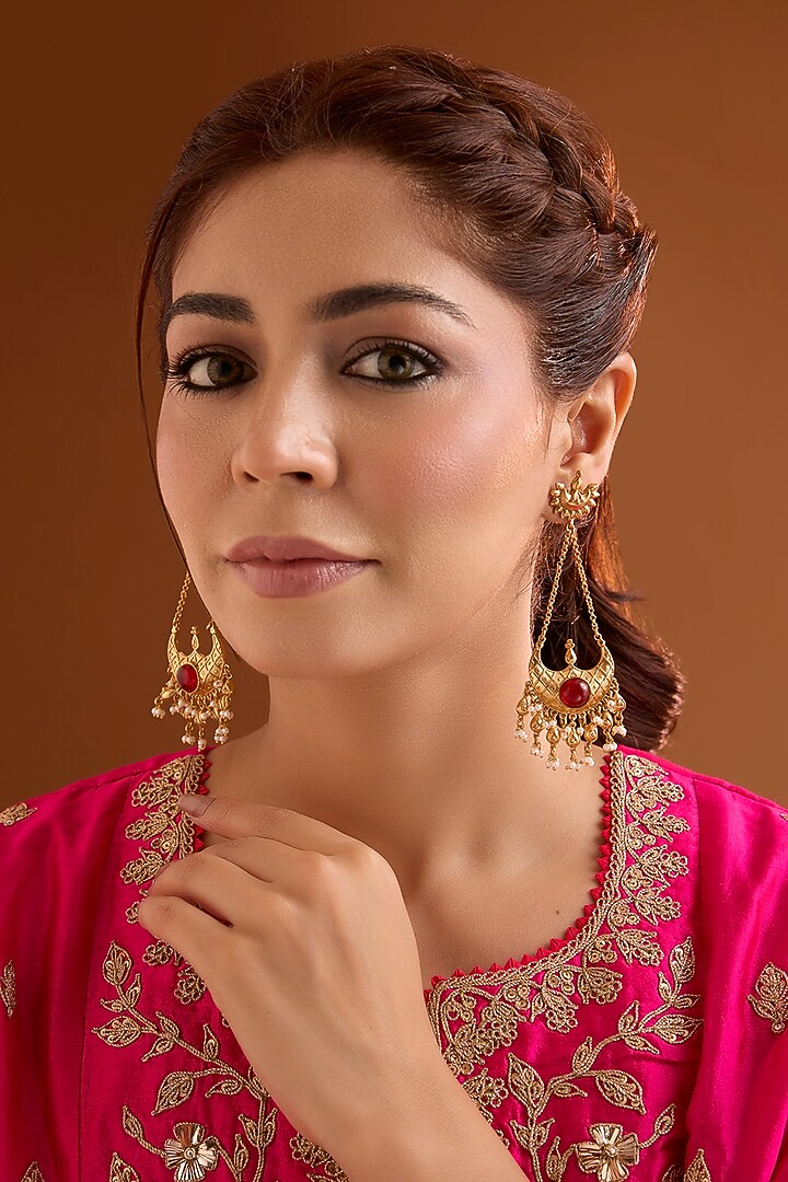 Gold Finish Ruby Stone Dangler Earrings by Bauble Bazaar at Pernia's Pop Up Shop