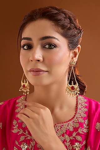Gold Finish Ruby Stone Dangler Earrings by Bauble Bazaar