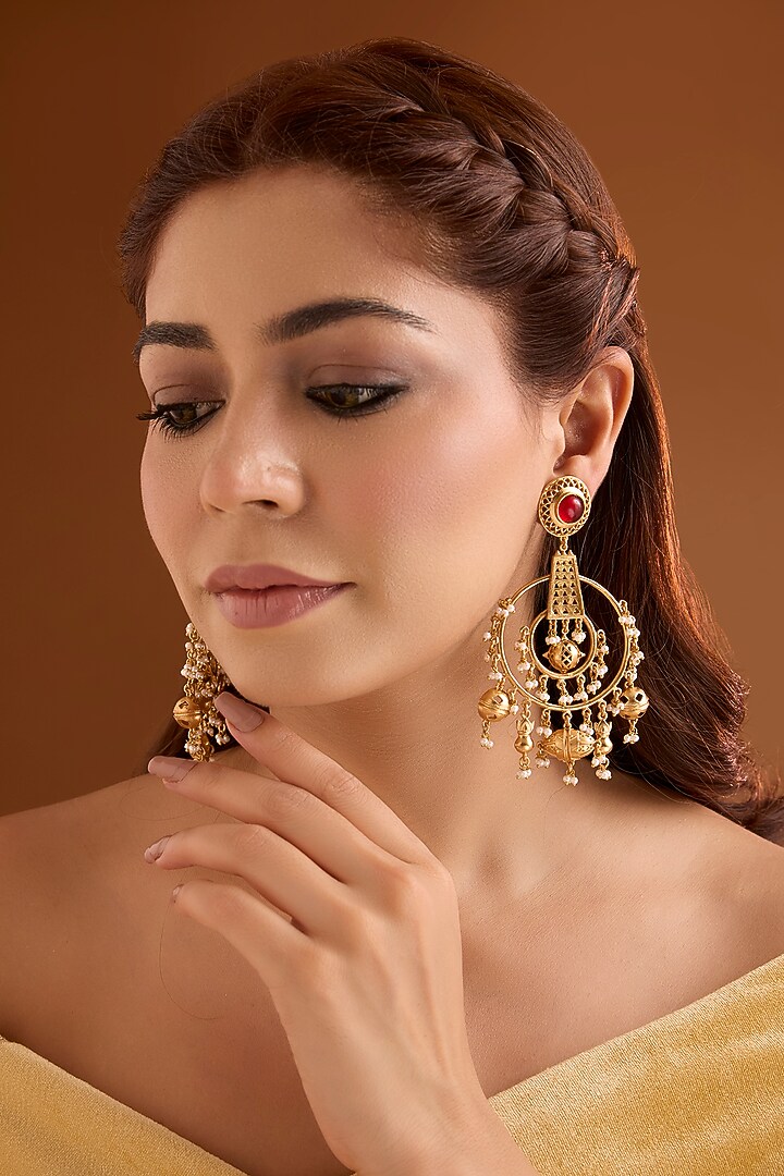 Gold Finish Ruby Stone Dangler Earrings by Bauble Bazaar at Pernia's Pop Up Shop