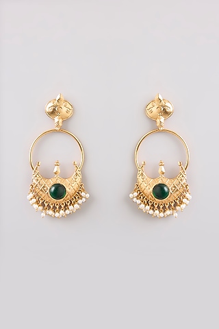 Gold Finish Emerald Stone Dangler Earrings by Bauble Bazaar