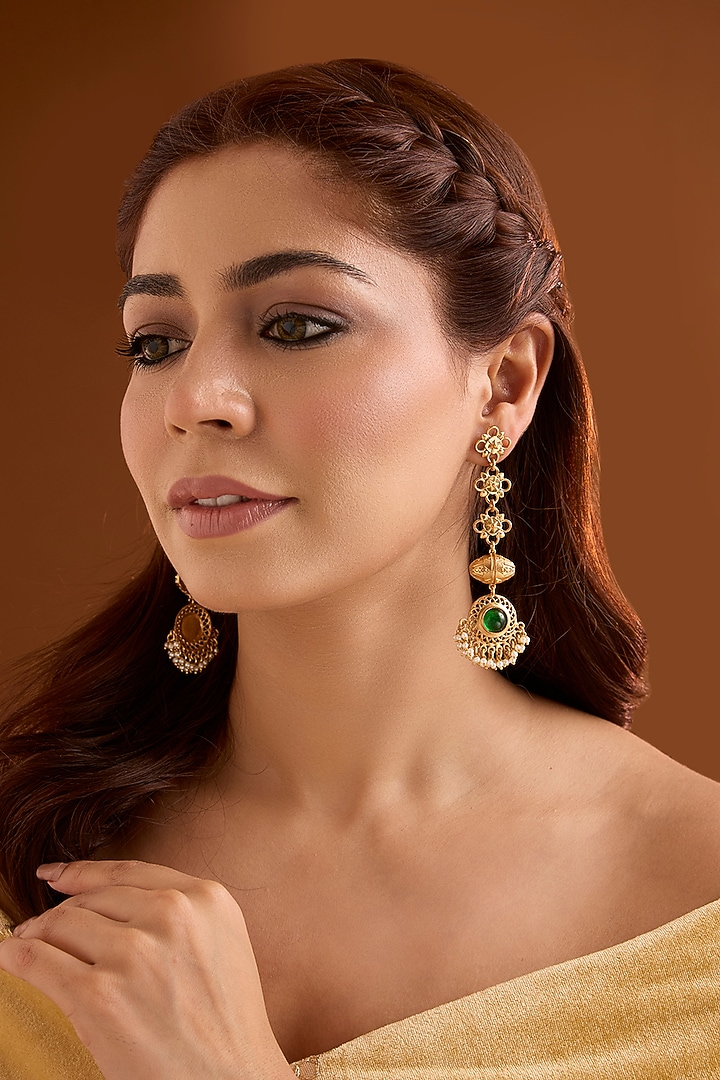 Gold Finish Emerald Stone Dangler Earrings by Bauble Bazaar at Pernia's Pop Up Shop