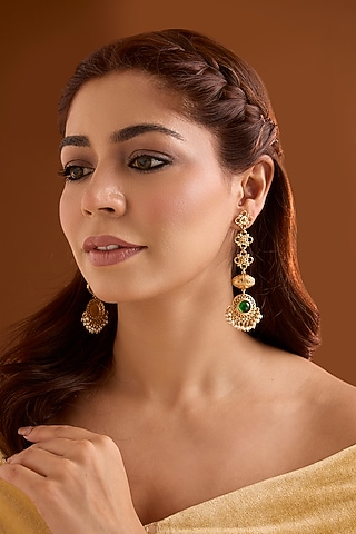 Gold Finish Emerald Stone Dangler Earrings by Bauble Bazaar