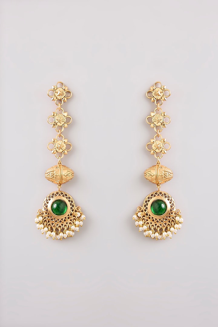 Gold Finish Emerald Stone Dangler Earrings by Bauble Bazaar at Pernia's Pop Up Shop