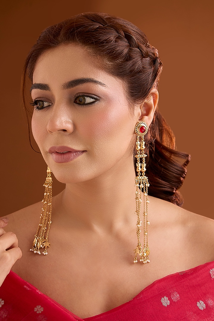 Gold Finish Ruby Stone Dangler Earrings by Bauble Bazaar at Pernia's Pop Up Shop