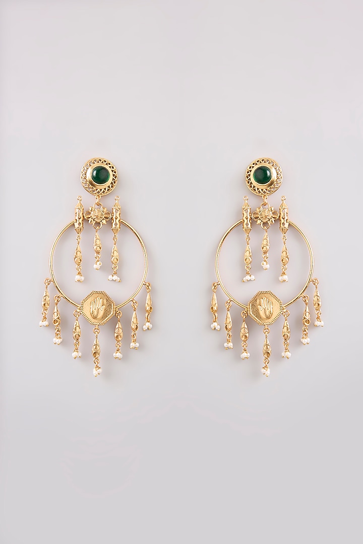 Gold Finish Emerald Stone Dangler Earrings by Bauble Bazaar at Pernia's Pop Up Shop
