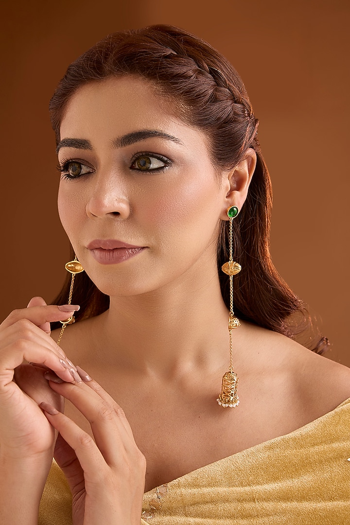 Gold Finish Emerald Stone Dangler Earrings by Bauble Bazaar at Pernia's Pop Up Shop