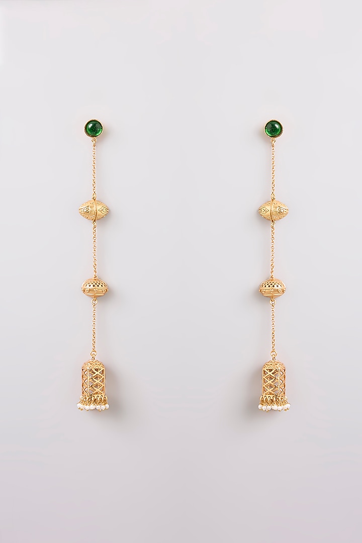 Gold Finish Emerald Stone Dangler Earrings by Bauble Bazaar at Pernia's Pop Up Shop
