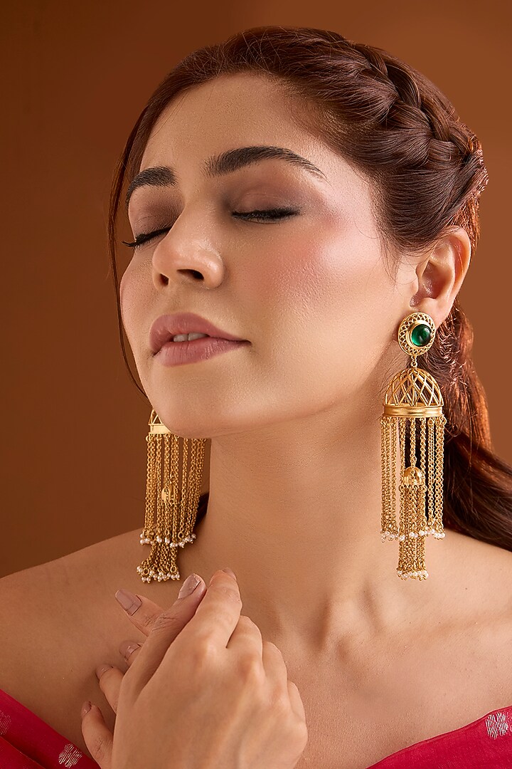 Gold Finish Emerald Stone Dangler Earrings by Bauble Bazaar at Pernia's Pop Up Shop