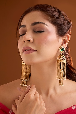 Gold Finish Emerald Stone Dangler Earrings by Bauble Bazaar
