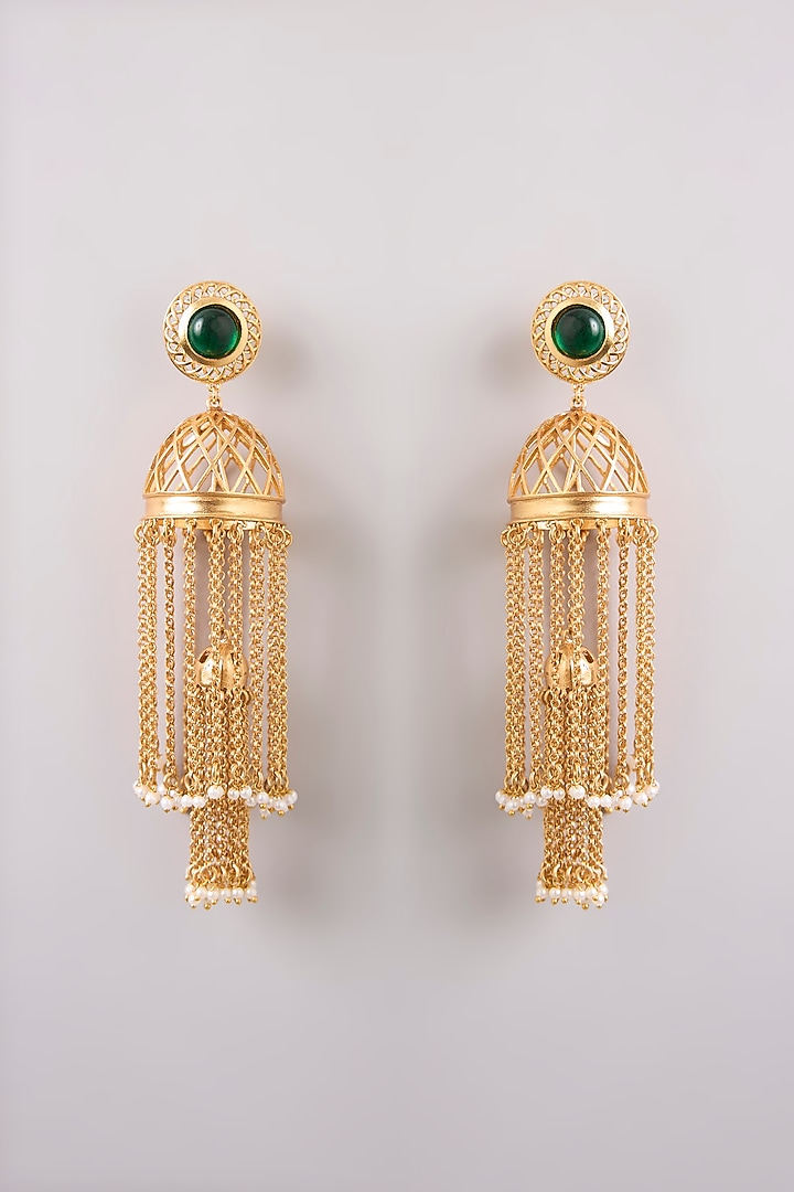Gold Finish Emerald Stone Dangler Earrings by Bauble Bazaar at Pernia's Pop Up Shop