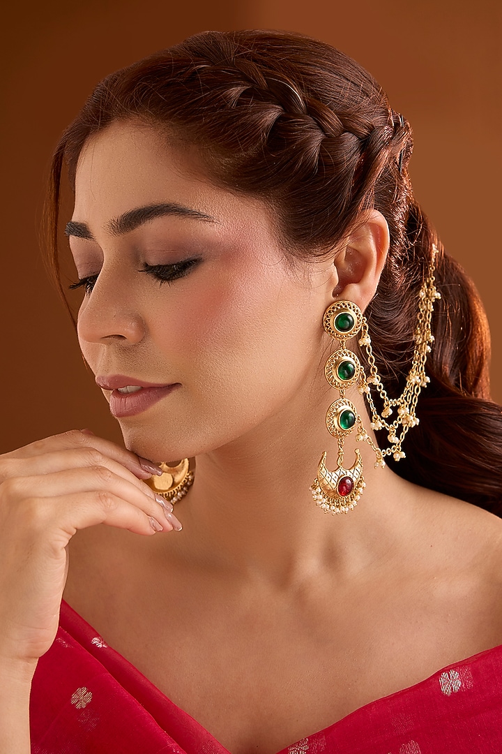Gold Finish Emerald & Ruby Stone Dangler Earrings by Bauble Bazaar at Pernia's Pop Up Shop